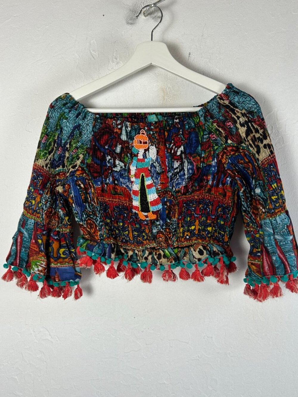 Antica Sartoria Positano Beaded Boho Crop Top Tassel Trim Bell Sleeve Free Size